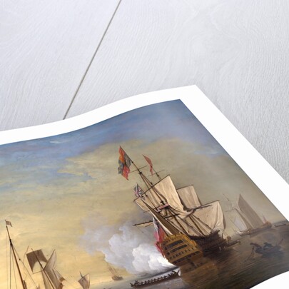 Harbor Scene: An English Ship with Sails Loosened Firing a Gun by Peter Monamy