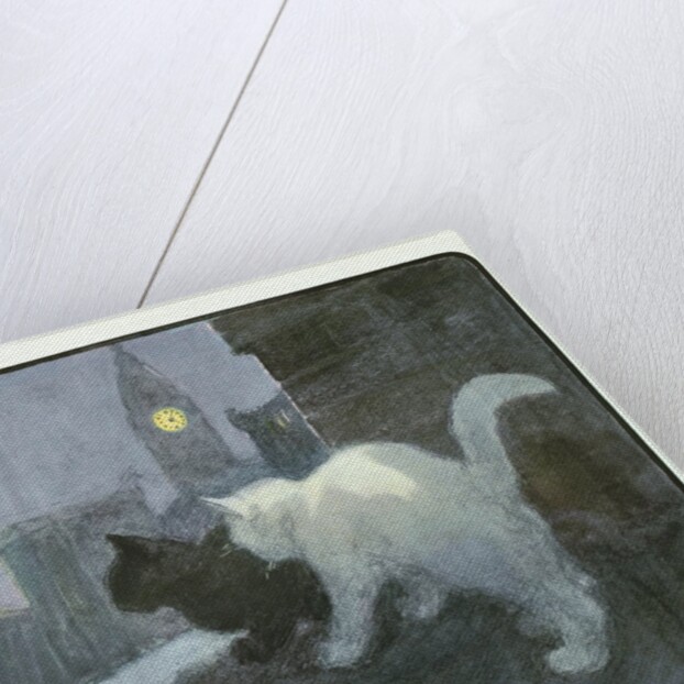 A White and Black Cat Sitting on a City Rooftop by Anonymous