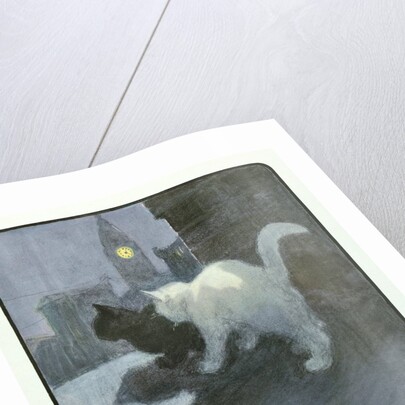 A White and Black Cat Sitting on a City Rooftop by Anonymous