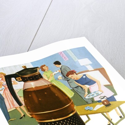 Coffee carafe and housewife serving coffee to guests by Anonymous