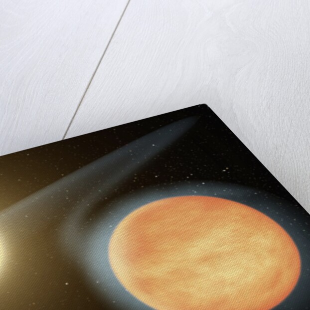 Artist's conception of the searing-hot gas planet WASP-12b (orange orb) and its star by Anonymous