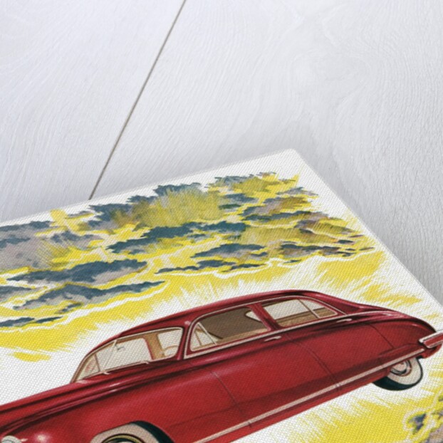 New Red 1940s Car in the Clouds. by Anonymous