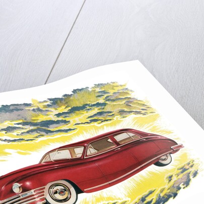 New Red 1940s Car in the Clouds. by Anonymous