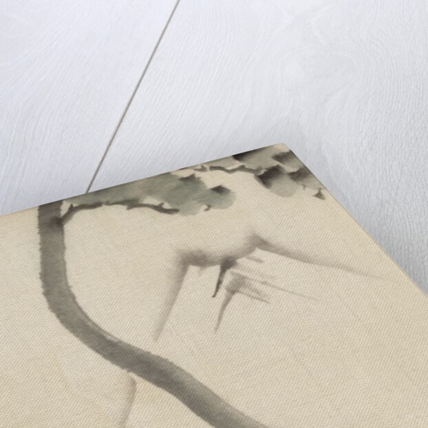 A tree trunk with branch and leaves in the foreground, with view of Mount Fuji in the background by Anonymous