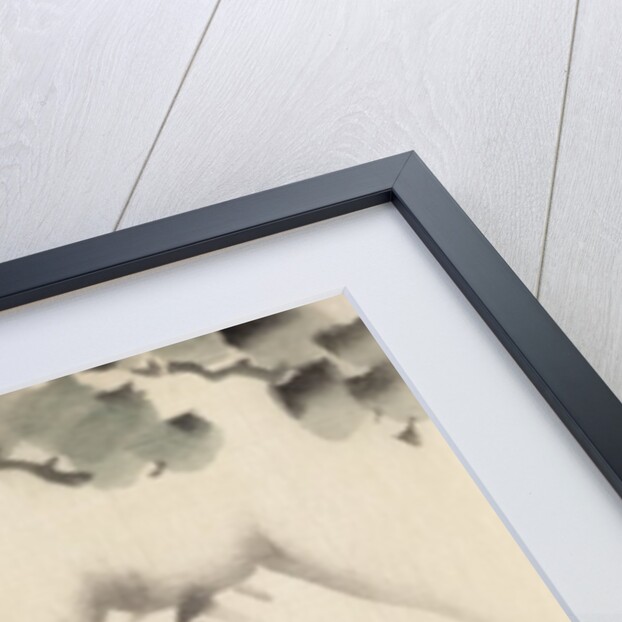 A tree trunk with branch and leaves in the foreground, with view of Mount Fuji in the background by Anonymous