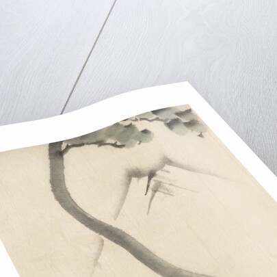 A tree trunk with branch and leaves in the foreground, with view of Mount Fuji in the background by Anonymous