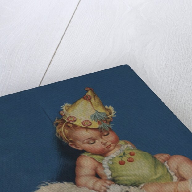 Sleeping baby in party hat with sleeping dog by Anonymous