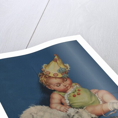Sleeping baby in party hat with sleeping dog by Anonymous