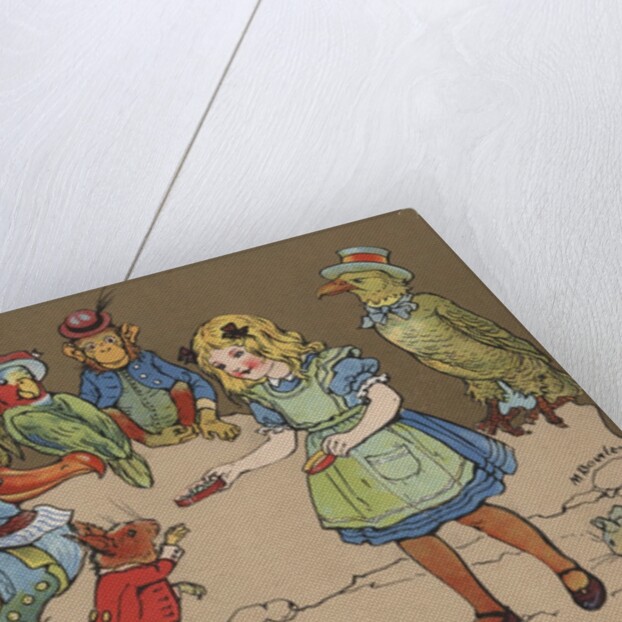 Little girl with group of animals wearing clothing by Anonymous