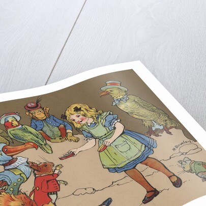 Little girl with group of animals wearing clothing by Anonymous