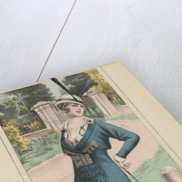 Woman modeling blue dress and feathered hat by Anonymous