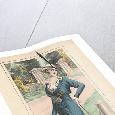 Woman modeling blue dress and feathered hat by Anonymous