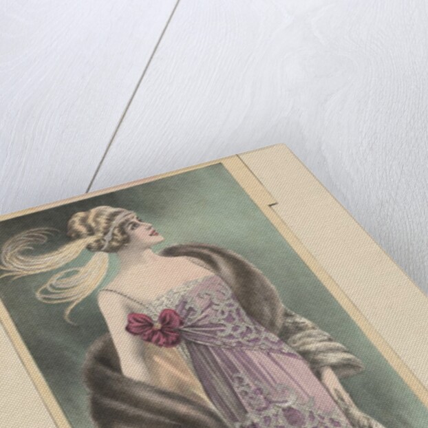 Woman modeling pink evening gown, fur stole and feathered headdress by Anonymous