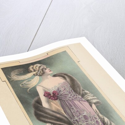 Woman modeling pink evening gown, fur stole and feathered headdress by Anonymous