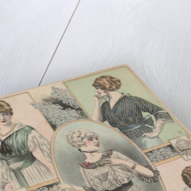 Five women modeling blouses by Anonymous