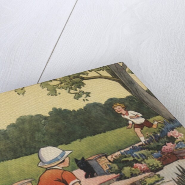 Girl feeding birds at lily pond by Anonymous