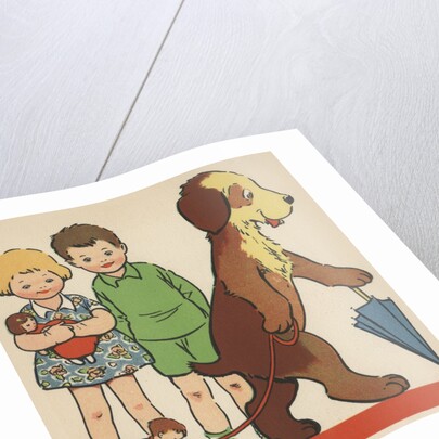 Children watching dog walking doll on leash by Anonymous