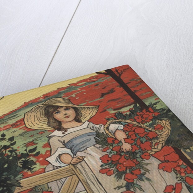 Girl carrying basket with red flowers by Anonymous