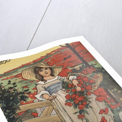 Girl carrying basket with red flowers by Anonymous