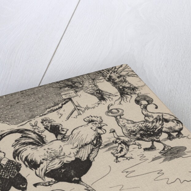 Rabbits, ducks and rooster ice skating on pond by Anonymous