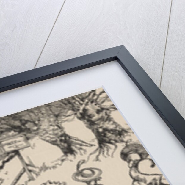 Rabbits, ducks and rooster ice skating on pond by Anonymous