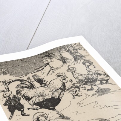 Rabbits, ducks and rooster ice skating on pond by Anonymous