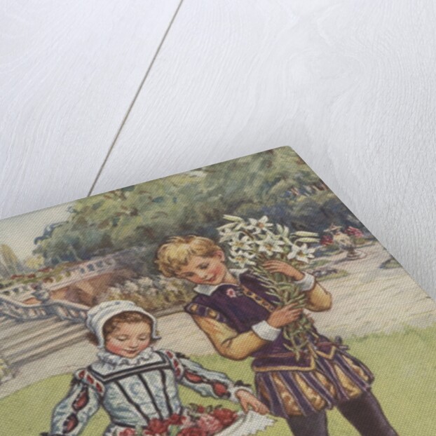 Boy and girl in Elizabethan dress carrying flowers by Anonymous