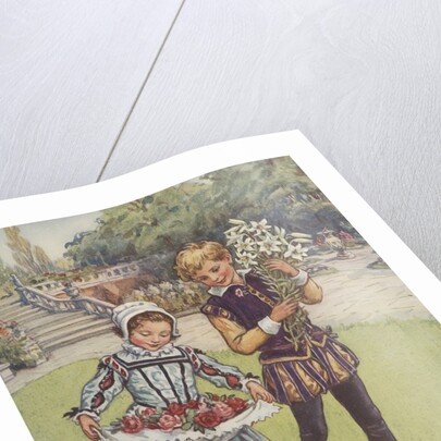 Boy and girl in Elizabethan dress carrying flowers by Anonymous