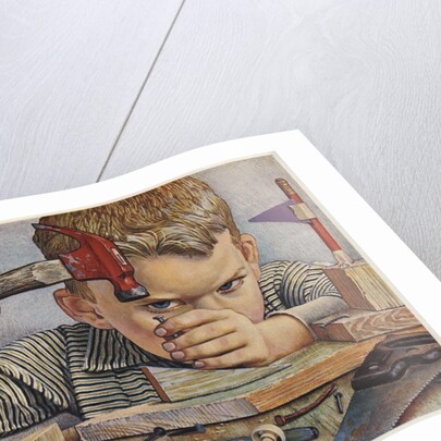 Determined looking boy hammering nail by Anonymous