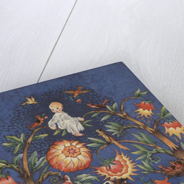 Baby sitting atop bower of trees and flowers by Anonymous