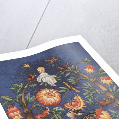 Baby sitting atop bower of trees and flowers by Anonymous