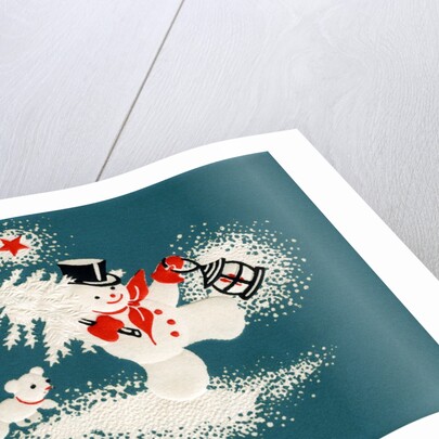 Vintage Illustration of Christmas Snowman with Tree by Anonymous