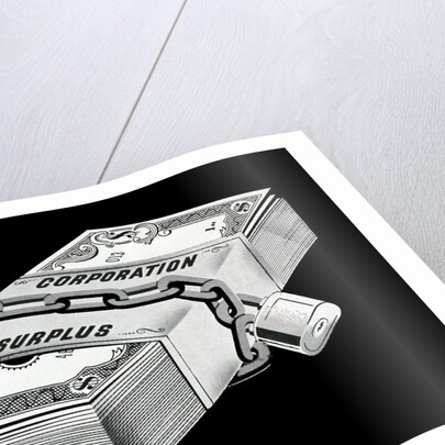 Stack of locked money labeled Corporation Surplus by Anonymous