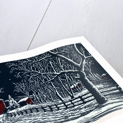 Red Barn in a Snowy Night Landscape by Anonymous