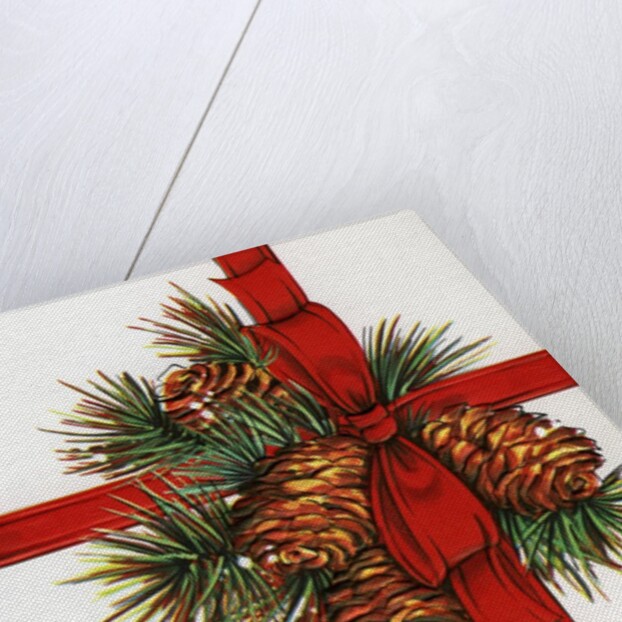 Vintage Illustration of a Christmas Present with Red Ribbon and Pine Cones by Anonymous