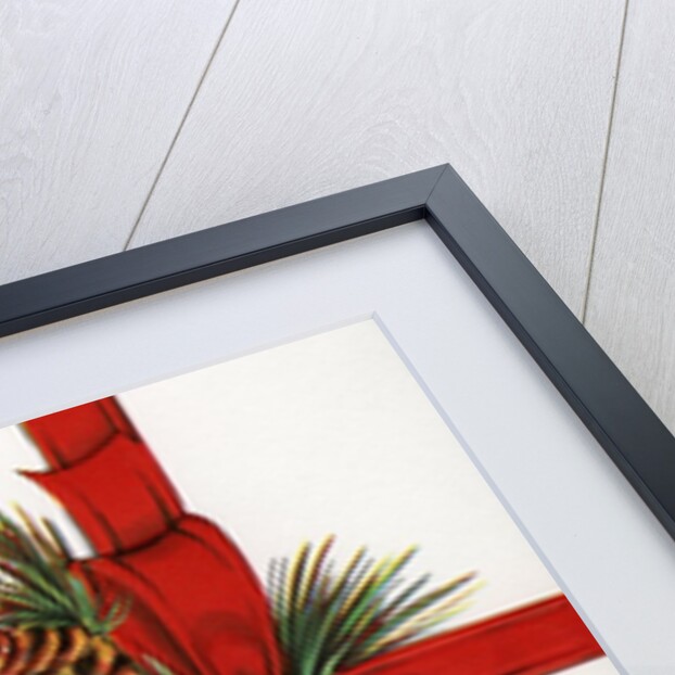 Vintage Illustration of a Christmas Present with Red Ribbon and Pine Cones by Anonymous