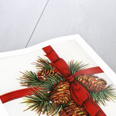 Vintage Illustration of a Christmas Present with Red Ribbon and Pine Cones by Anonymous