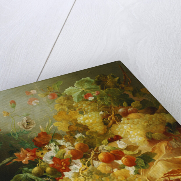 Peaches, Melons and Grapes with Sweet Peas and Poppies on a Stone Ledge by Jan van der Waarden