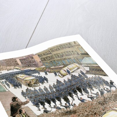 Police officers dispersing the strike of employees of Streetcar in New York, March 4, 1886. Colored by Anonymous