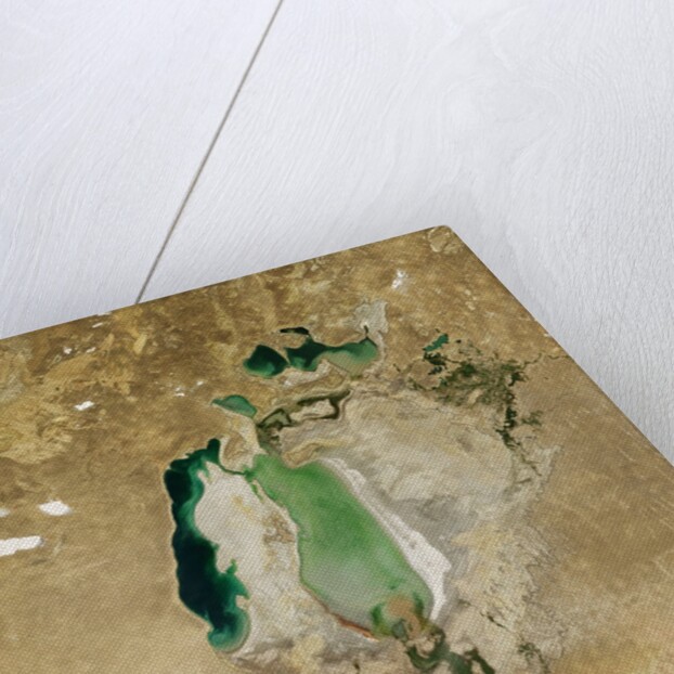 Satellite view of the Aral Sea in 2005, with the 1960 shoreline super-imposed by Anonymous