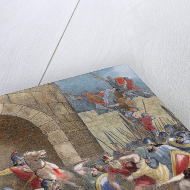 King Wamba (d.687) at the siege of Nimes (673). Colored engraving by Anonymous