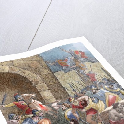 King Wamba (d.687) at the siege of Nimes (673). Colored engraving by Anonymous