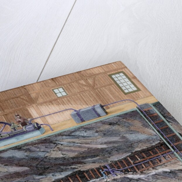 Mining. Coal mine with several floors. Colored engraving by Anonymous