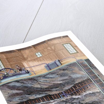 Mining. Coal mine with several floors. Colored engraving by Anonymous