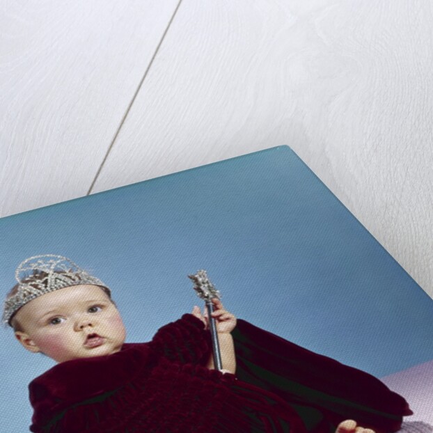 1960s Baby Dressed As Royal Queen Velvet Robe Cloak Cape Rhinestone Tiara Crown And Scepter Wand by Anonymous