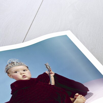 1960s Baby Dressed As Royal Queen Velvet Robe Cloak Cape Rhinestone Tiara Crown And Scepter Wand by Anonymous