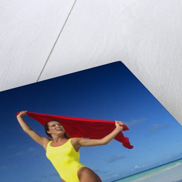 1990s Woman In Yellow Bathing Suit Holding Windblown Red Cloth Mopion Island, Grenadines, West Indies by Anonymous