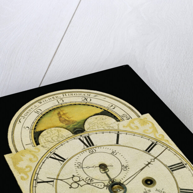 Detail of a federal mahogany dwarf tall-case clock by Joshua Wilder