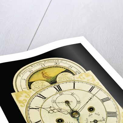 Detail of a federal mahogany dwarf tall-case clock by Joshua Wilder
