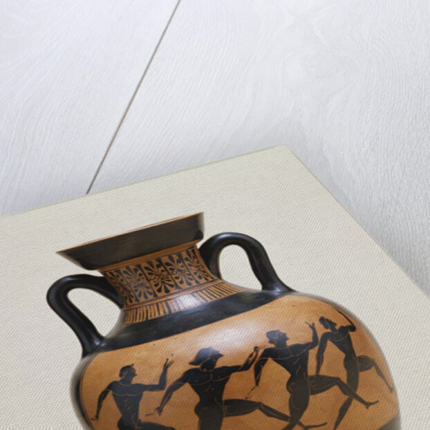 An Attic black-figure amphora of panathenaic shape featuring four naked athletes sprinting to the right by Anonymous